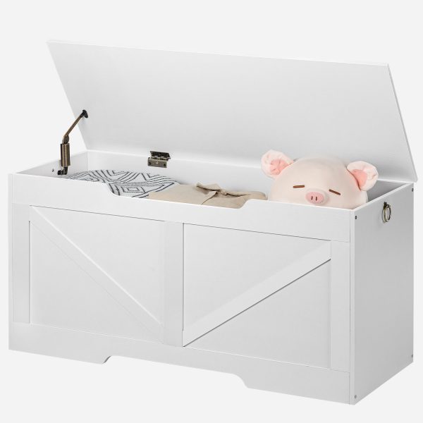 Weiße Spielzeugkiste-Bank aus Holz, 100cm Aufbewahrungstruhe mit U-förmiger Aussparung, Sicherheitsscharnier, 99.8kg Tragfähigkeit, Einfache Montage für die Spielzeugorganisation