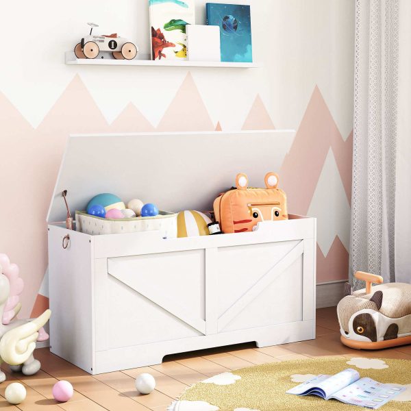 Weiße Spielzeugkiste-Bank aus Holz, 100cm Aufbewahrungstruhe mit U-förmiger Aussparung, Sicherheitsscharnier, 99.8kg Tragfähigkeit, Einfache Montage für die Spielzeugorganisation