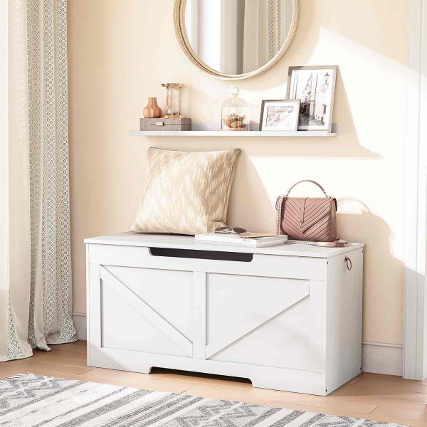 Weiße Spielzeugkiste-Bank aus Holz, 100cm Aufbewahrungstruhe mit U-förmiger Aussparung, Sicherheitsscharnier, 99.8kg Tragfähigkeit, Einfache Montage für die Spielzeugorganisation