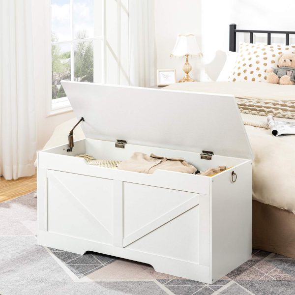 Weiße Spielzeugkiste-Bank aus Holz, 100cm Aufbewahrungstruhe mit U-förmiger Aussparung, Sicherheitsscharnier, 99.8kg Tragfähigkeit, Einfache Montage für die Spielzeugorganisation