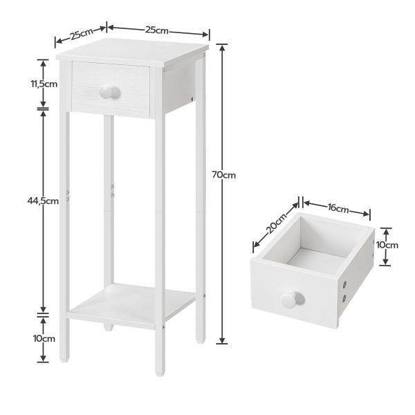 Sada 2 Biele tenké nočné stolíky, Vysoký úzky nočný stolík so zásuvkou, Príručný stolík s kovovým rámom, Vhodné pre Malé priestory