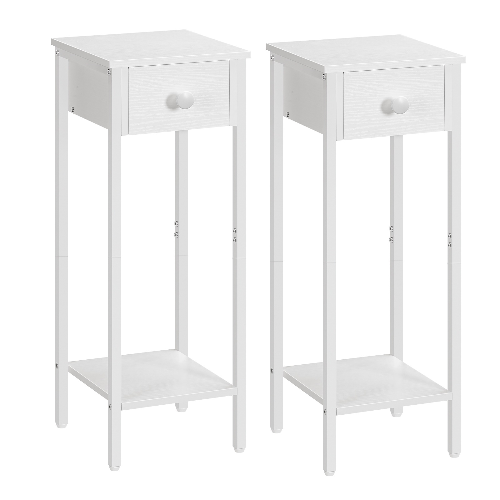 Set of 2 White Slim Bedside Tables, Tall Narrow Nightstand with Drawer, Metal Frame Side Table, Suitable for Small Spaces