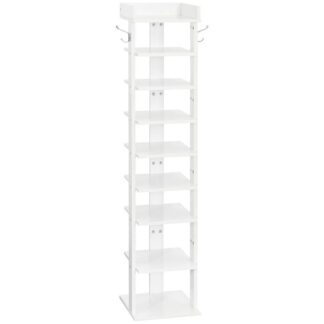 رف الأحذية الضيق, رف الأحذية طويل القامة, 9-منظم تخزين الأحذية الخشبي مع 2 خطافات, رف الأحذية النحيف, برج الأحذية العمودي للممر, غرفة الجلوس, أبيض