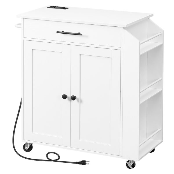 White Kitchen Island with Integrated Power Outlet, Multifunctional Storage Island Equipped with Spice Rack and Drawer, Rolling Kitchen Cart with Casters, Suitable for Home, Kitchen and Dining Room