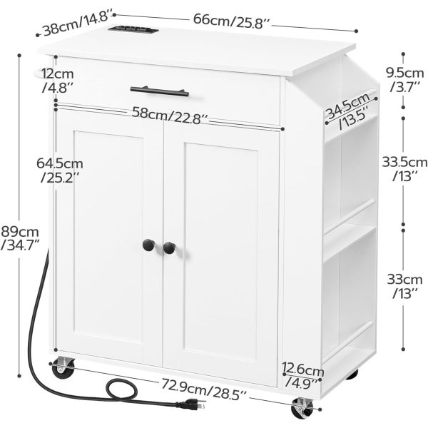 White Kitchen Island with Integrated Power Outlet, Multifunctional Storage Island Equipped with Spice Rack and Drawer, Rolling Kitchen Cart with Casters, Suitable for Home, Kitchen and Dining Room