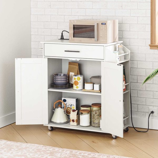 White Kitchen Island with Integrated Power Outlet, Multifunctional Storage Island Equipped with Spice Rack and Drawer, Rolling Kitchen Cart with Casters, Suitable for Home, Kitchen and Dining Room