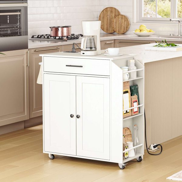 White Kitchen Island with Integrated Power Outlet, Multifunctional Storage Island Equipped with Spice Rack and Drawer, Rolling Kitchen Cart with Casters, Suitable for Home, Kitchen and Dining Room