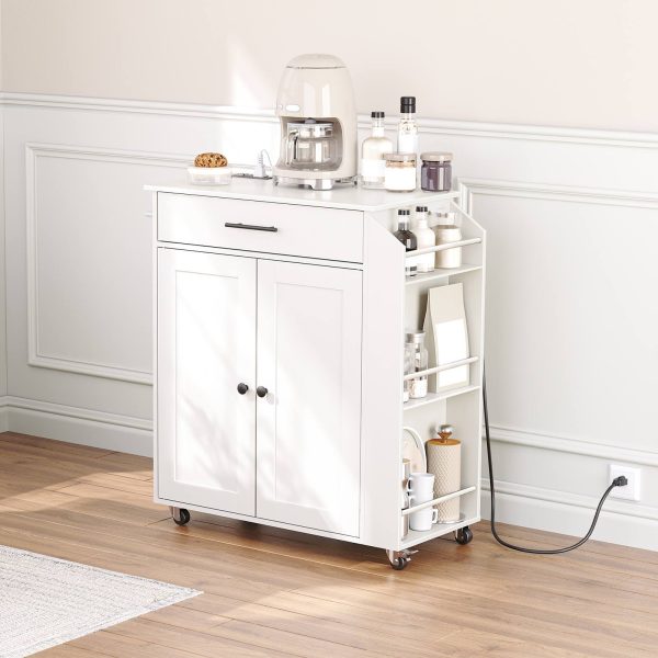 White Kitchen Island with Integrated Power Outlet, Multifunctional Storage Island Equipped with Spice Rack and Drawer, Rolling Kitchen Cart with Casters, Suitable for Home, Kitchen and Dining Room