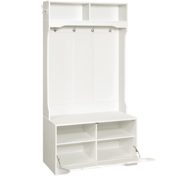 Entryway Hall Tree with Integrated Bench & Shoe Storage, Coat Rack with Flip-Down Cabinet Door, Multi-Functional Storage Solution for Mud Room, White Finish