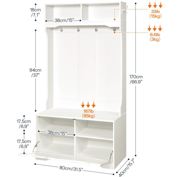 Entryway Hall Tree with Integrated Bench & Shoe Storage, Coat Rack with Flip-Down Cabinet Door, Multi-Functional Storage Solution for Mud Room, White Finish