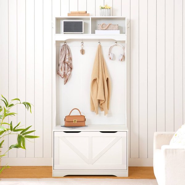 Entryway Hall Tree with Integrated Bench & Shoe Storage, Coat Rack with Flip-Down Cabinet Door, Multi-Functional Storage Solution for Mud Room, White Finish