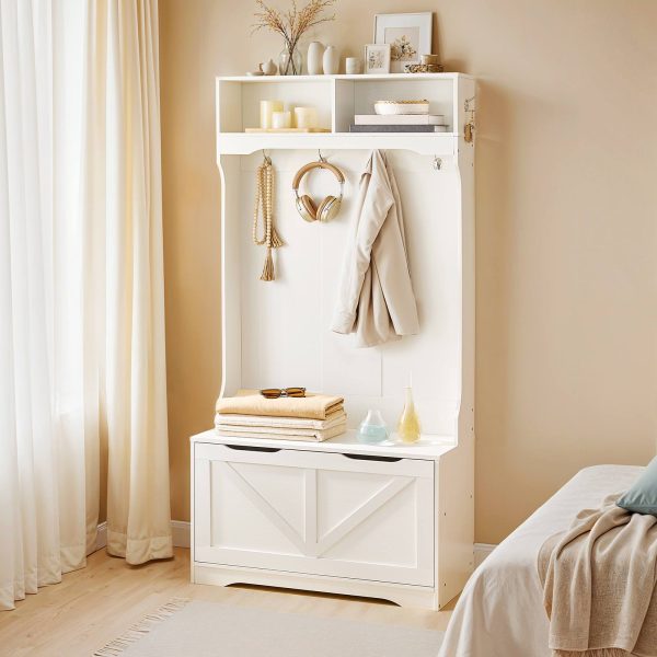 Entryway Hall Tree with Integrated Bench & Shoe Storage, Coat Rack with Flip-Down Cabinet Door, Multi-Functional Storage Solution for Mud Room, White Finish