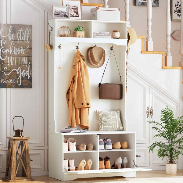 Entryway Hall Tree with Integrated Bench & Shoe Storage, Coat Rack with Flip-Down Cabinet Door, Multi-Functional Storage Solution for Mud Room, White Finish