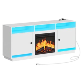 Электрический каминный телевизор с светодиодными фонарями и розетками питания, Белая телевизионная консоль для 32" 43" 50" 55" 65", развлекательный центр с хранением и регулируемыми стеклянными полками, белый