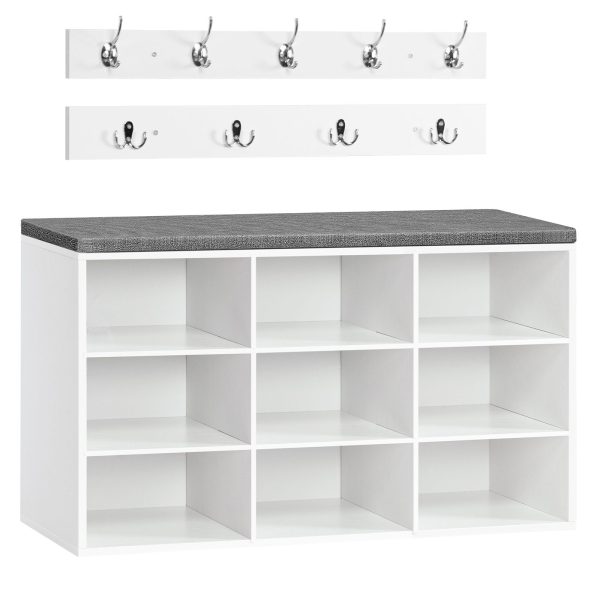 Multifunctional Entryway Cubby Storage Bench with Cushion and Coat Rack, 80cm Hall Tree Shoe Rack Cabinet for Entryway, Bedroom and Hallway, White & Gray