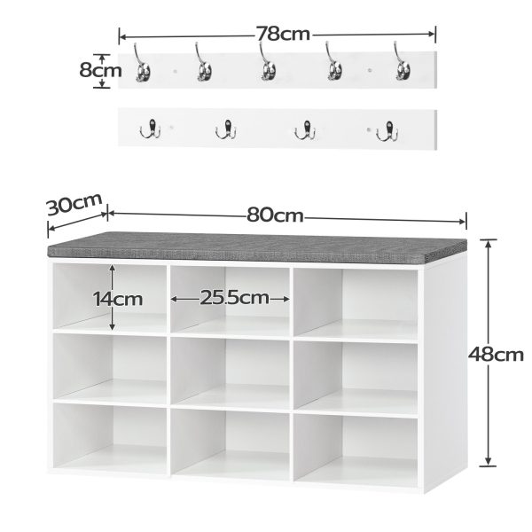 Multifunctional Entryway Cubby Storage Bench with Cushion and Coat Rack, 80cm Hall Tree Shoe Rack Cabinet for Entryway, Bedroom and Hallway, White & Gray