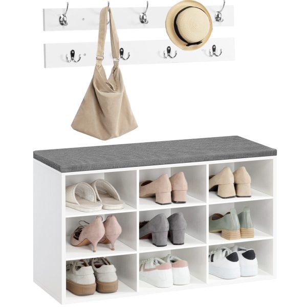 Multifunctional Entryway Cubby Storage Bench with Cushion and Coat Rack, 80cm Hall Tree Shoe Rack Cabinet for Entryway, Bedroom and Hallway, White & Gray