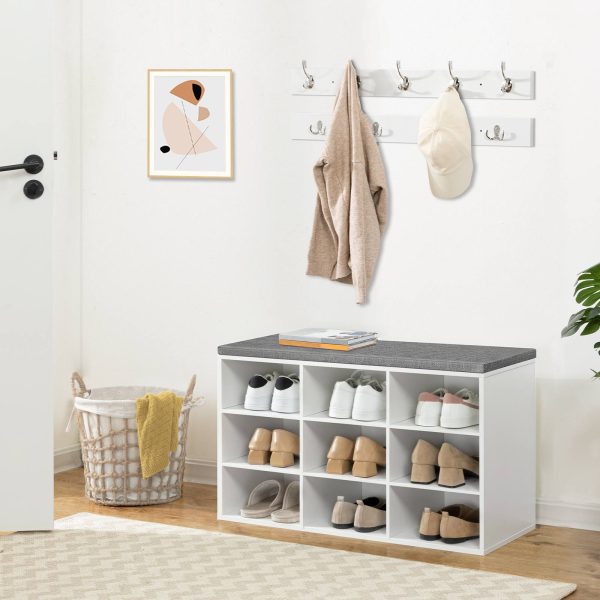 Multifunctional Entryway Cubby Storage Bench with Cushion and Coat Rack, 80cm Hall Tree Shoe Rack Cabinet for Entryway, Bedroom and Hallway, White & Gray