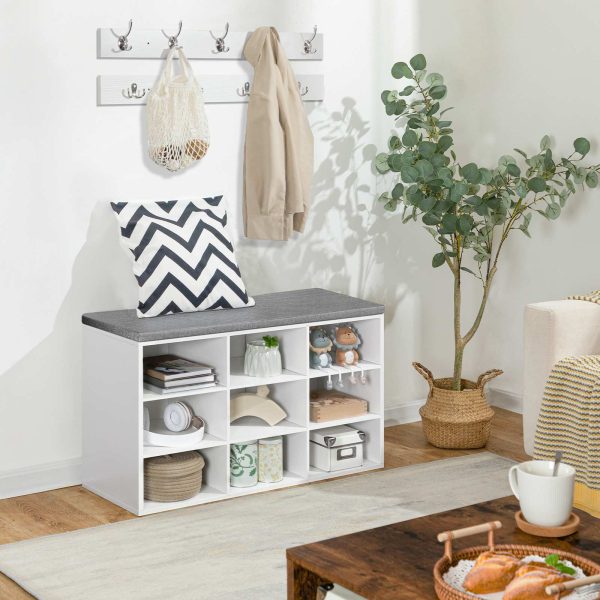 Multifunctional Entryway Cubby Storage Bench with Cushion and Coat Rack, 80cm Hall Tree Shoe Rack Cabinet for Entryway, Bedroom and Hallway, White & Gray