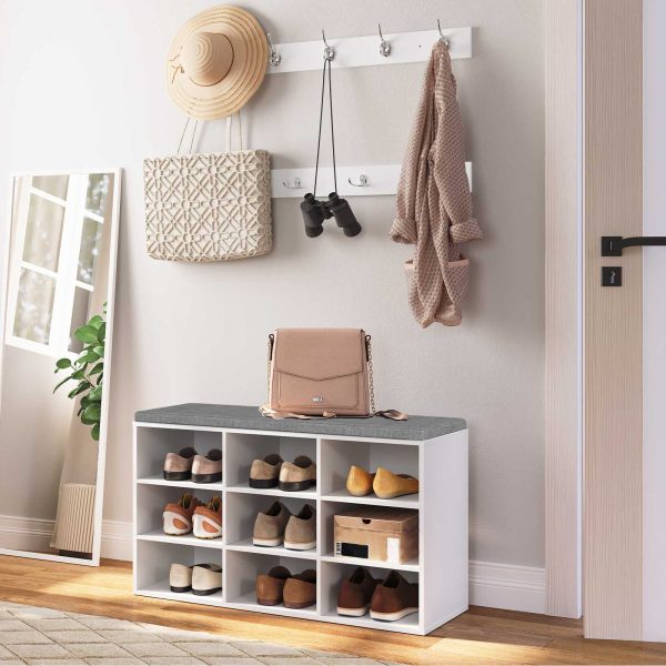 Multifunctional Entryway Cubby Storage Bench with Cushion and Coat Rack, 80cm Hall Tree Shoe Rack Cabinet for Entryway, Bedroom and Hallway, White & Gray