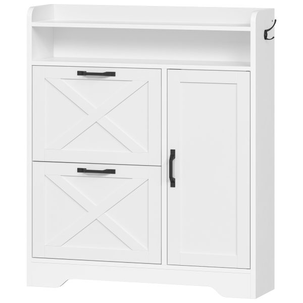 Entryway Shoe Storage Cabinet, Wooden Shoe Organizer with 2 Flip Drawers, Narrow Shoe Cabinet with Adjustable Side Compartments, White Finish