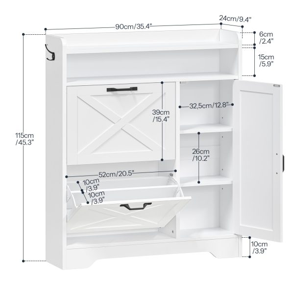 Entryway Shoe Storage Cabinet, Wooden Shoe Organizer with 2 Flip Drawers, Narrow Shoe Cabinet with Adjustable Side Compartments, White Finish