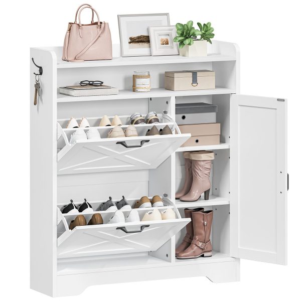 Entryway Shoe Storage Cabinet, Wooden Shoe Organizer with 2 Flip Drawers, Narrow Shoe Cabinet with Adjustable Side Compartments, White Finish