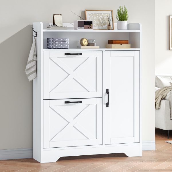 Entryway Shoe Storage Cabinet, Wooden Shoe Organizer with 2 Flip Drawers, Narrow Shoe Cabinet with Adjustable Side Compartments, White Finish