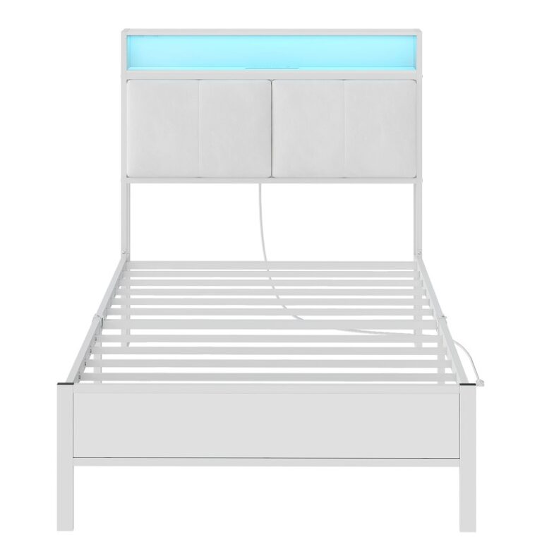 إطار السرير المزدوج الأبيض مع اللوح الأمامي المنجد, إطار سرير منصة معدنية مع اللوح الأمامي للتخزين, هيكل سرير مع محطة شحن وإضاءة LED