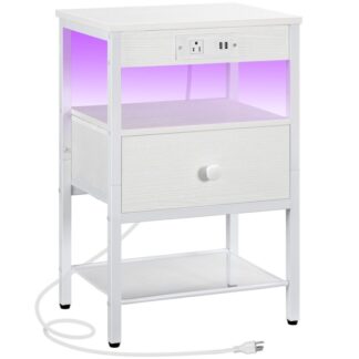 منضدة بيضاء مع محطة شحن وضوء LED, الجدول النهائي مع درج نسيج قابل للتعديل, طاولة بجانب السرير مع مساحة تخزين, 3-طاولة جانبية المستوى لغرفة المعيشة, غرفة نوم