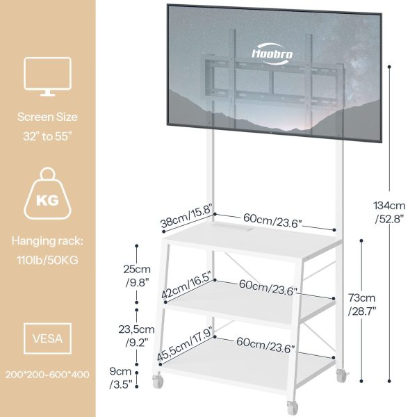 White Mobile TV Stand with Mount and Power Outlet, Compatible with Up to 55-Inch TVs, Corner Entertainment Center with 3-Tier Storage Shelves for Living Room and Bedroom