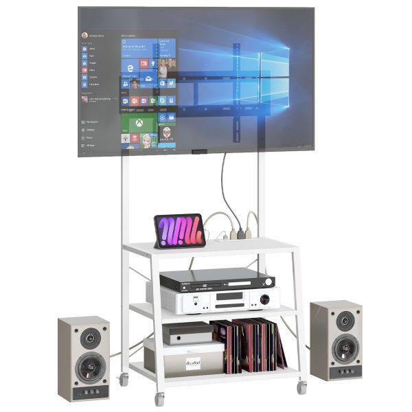 White Mobile TV Stand with Mount and Power Outlet, Compatible with Up to 55-Inch TVs, Corner Entertainment Center with 3-Tier Storage Shelves for Living Room and Bedroom