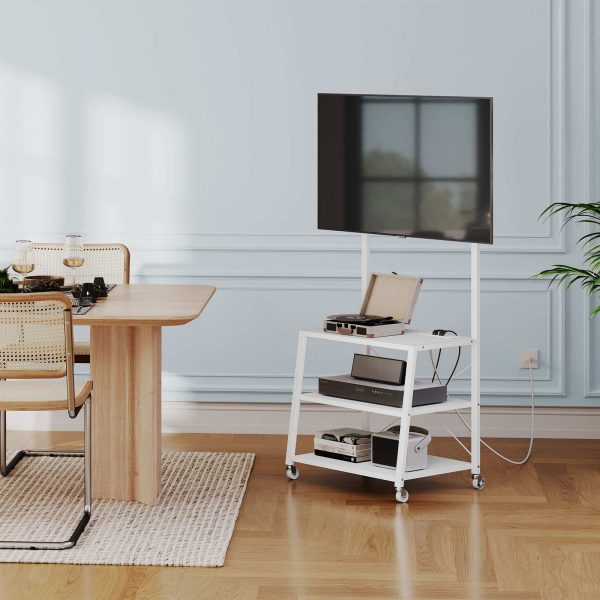 White Mobile TV Stand with Mount and Power Outlet, Compatible with Up to 55-Inch TVs, Corner Entertainment Center with 3-Tier Storage Shelves for Living Room and Bedroom