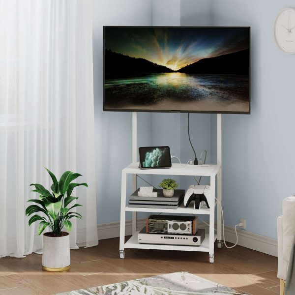 White Mobile TV Stand with Mount and Power Outlet, Compatible with Up to 55-Inch TVs, Corner Entertainment Center with 3-Tier Storage Shelves for Living Room and Bedroom