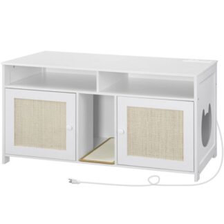 حاوية صندوق القمامة الأبيض 2 القطط, أثاث صندوق القمامة المخفي مع شاحن, أثاث صندوق القمامة الكبير مع مساحة التخزين, منزل قط خشبي مع لوحة الخدش