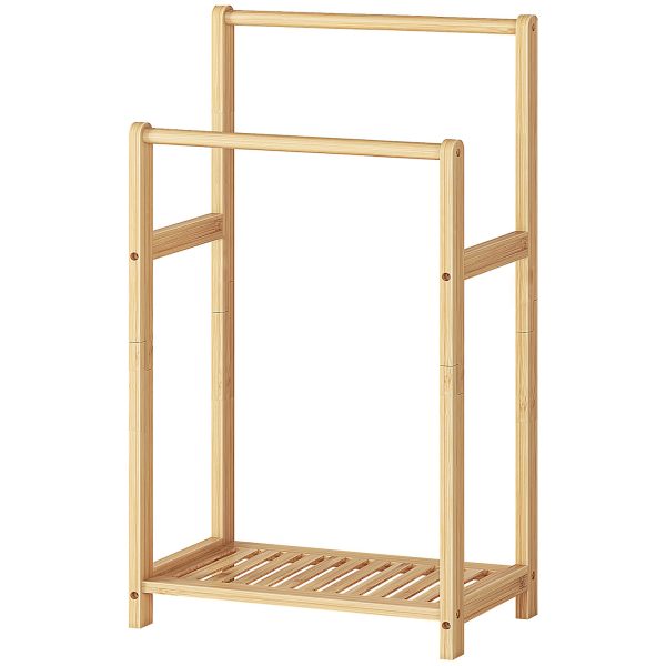 Freestanding Bamboo Towel Rack, 2-Tier Decorative Blanket Rack with Storage Shelf, Multi-Scenario Quilt Display Stand, Natural Bamboo, Suitable for Bathroom, Bedroom, Living Room