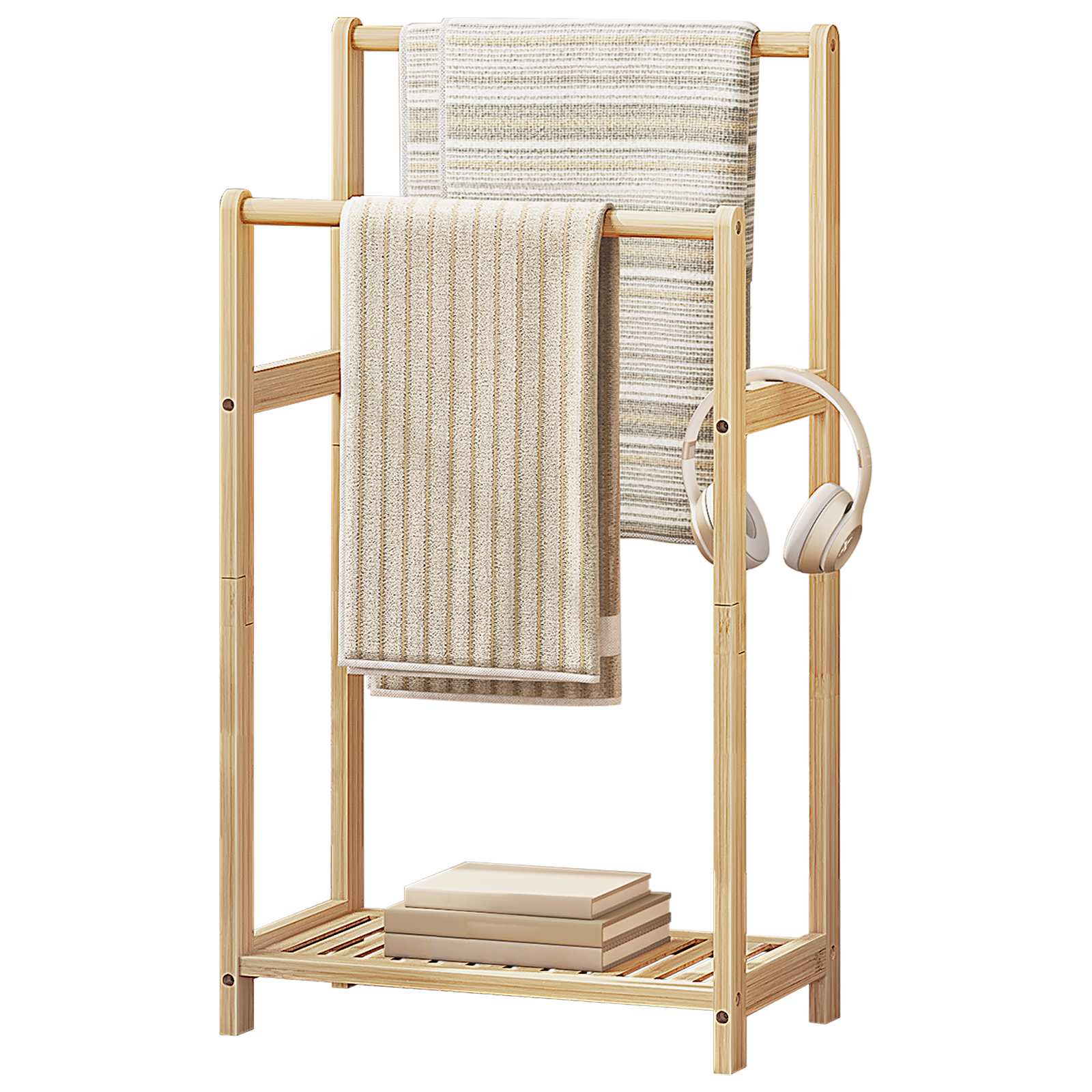 Freestanding Bamboo Towel Rack, 2-Tier Decorative Blanket Rack with Storage Shelf, Multi-Scenario Quilt Display Stand, Natural Bamboo, Suitable for Bathroom, Bedroom, Living Room