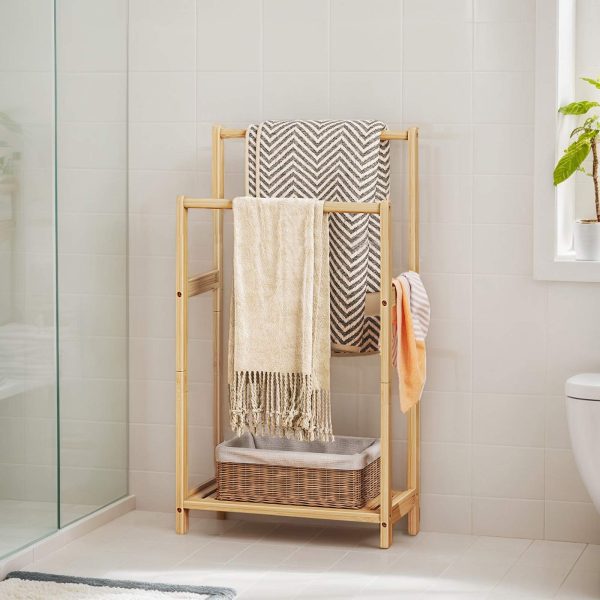 Freestanding Bamboo Towel Rack, 2-Tier Decorative Blanket Rack with Storage Shelf, Multi-Scenario Quilt Display Stand, Natural Bamboo, Suitable for Bathroom, Bedroom, Living Room