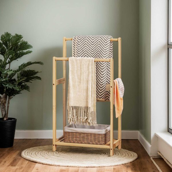 Freestanding Bamboo Towel Rack, 2-Tier Decorative Blanket Rack with Storage Shelf, Multi-Scenario Quilt Display Stand, Natural Bamboo, Suitable for Bathroom, Bedroom, Living Room