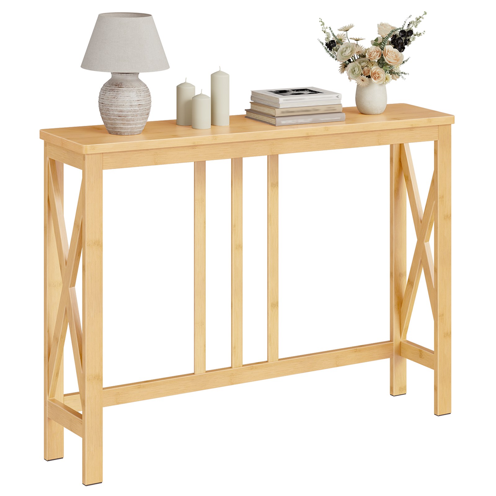 Smalle consoletafel, 39.4 Inch-instaptafel met X-vormige zijframes, Bamboe banktafel voor kleine ruimtes, Moderne halaccenttafel, Geschikt voor woonkamer en hal, Natuurlijke afwerking
