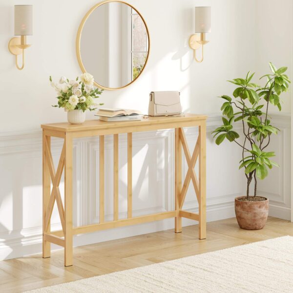 Smalle consoletafel, 39.4 Inch-instaptafel met X-vormige zijframes, Bamboe banktafel voor kleine ruimtes, Moderne halaccenttafel, Geschikt voor woonkamer en hal, Natuurlijke afwerking