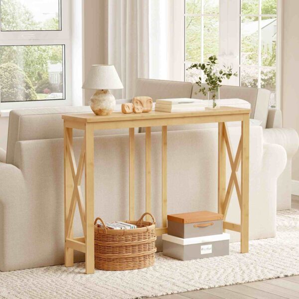 Smalle consoletafel, 39.4 Inch-instaptafel met X-vormige zijframes, Bamboe banktafel voor kleine ruimtes, Moderne halaccenttafel, Geschikt voor woonkamer en hal, Natuurlijke afwerking