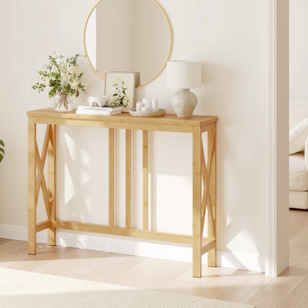 Smalle consoletafel, 39.4 Inch-instaptafel met X-vormige zijframes, Bamboe banktafel voor kleine ruimtes, Moderne halaccenttafel, Geschikt voor woonkamer en hal, Natuurlijke afwerking