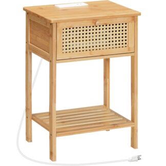 Tavolo finale di bambù con stazione di ricarica, Comodino in rattan con cassetto con anta ribaltabile, Tavolino per piccoli spazi, Tavolino da divano facile da montare, per camera da letto, Soggiorno, Naturale