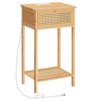 Tavolo laterale in bambù con stazione di ricarica, Comodino in rattan con cassetto, Tavolino alto con porte USB e presa, Comodino stretto, per soggiorno, Camera da letto, Corridoio, Naturale