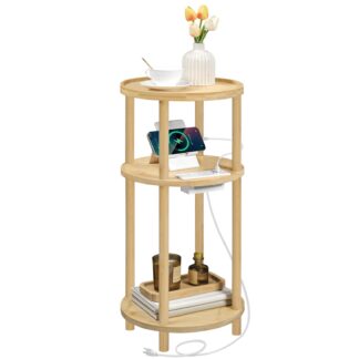 HOOBRO Tavolino rotondo piccolo con stazione di ricarica, 3-Tavolo da fine di bambù rotondo di livello, Tavolo da letto di divano compatto per piccolo spazio, Montaggio semplice, per soggiorno, Camera da letto, Appartamento, Naturale