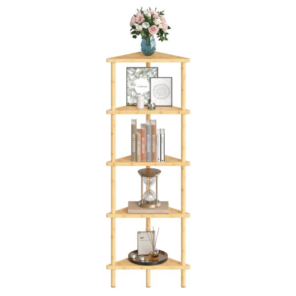 HOOBRO Corner Shelf Stand, 5-Tier Bamboo Corner Bookshelf, Plant Display Shelf, Corner Bookcase, Multipurpose Shelving Unit for Small Space, Living Room, Easy Assembly, Natural