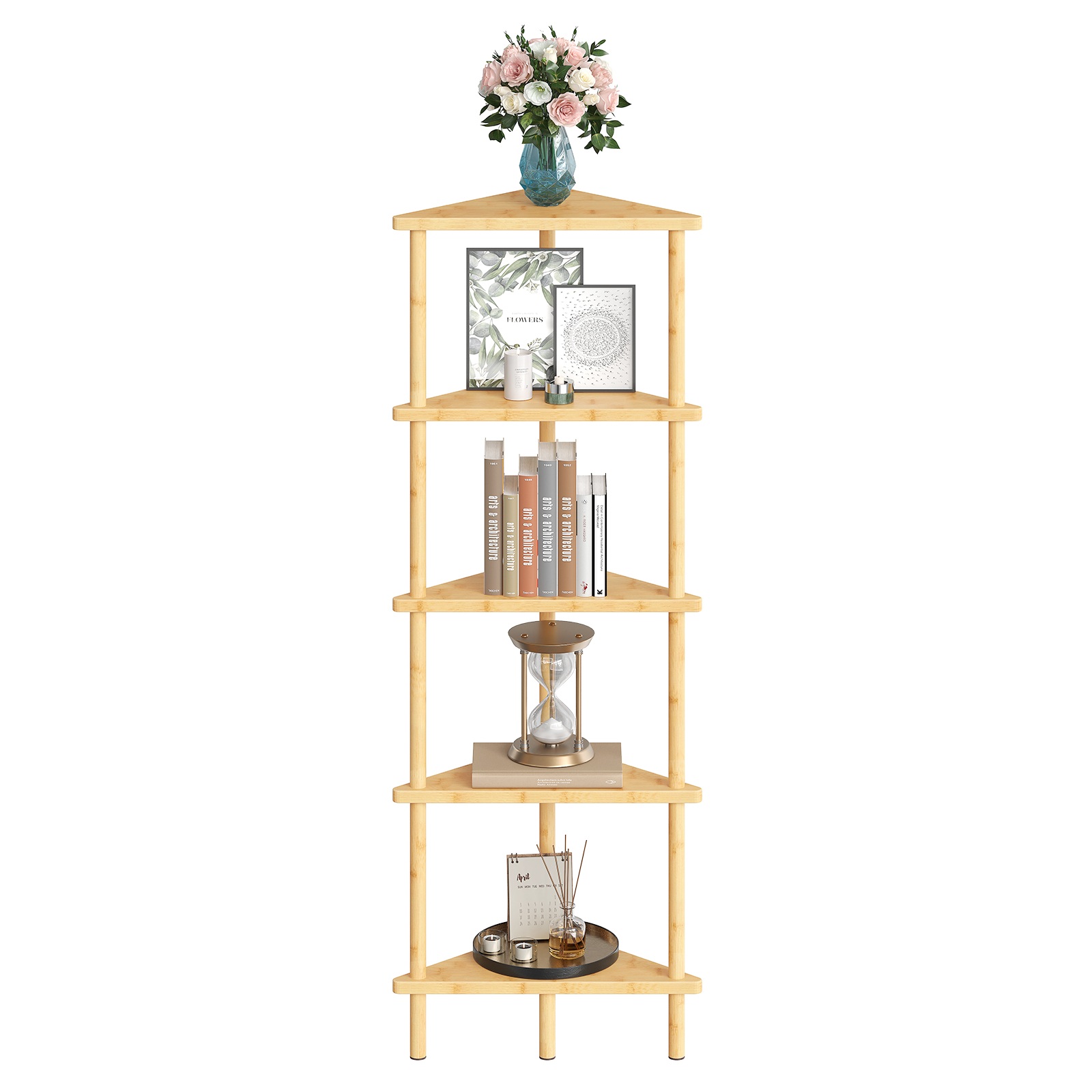 HOOBRO Corner Shelf Stand, 5-Tier Bamboo Corner Bookshelf, Plant Display Shelf, Corner Bookcase, Multipurpose Shelving Unit for Small Space, Living Room, Easy Assembly, Natural