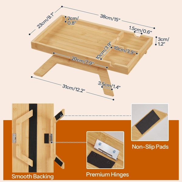 طاولة صينية مسند ذراع لأريكة الخيزران, طاولة جانبية على شكل أريكة بمشبك مع حاملات أكواب مزدوجة, صينية تخزين متعددة الوظائف للمشروبات, الوجبات الخفيفة وأجهزة التحكم عن بعد, لمسة نهائية من الخيزران الطبيعي