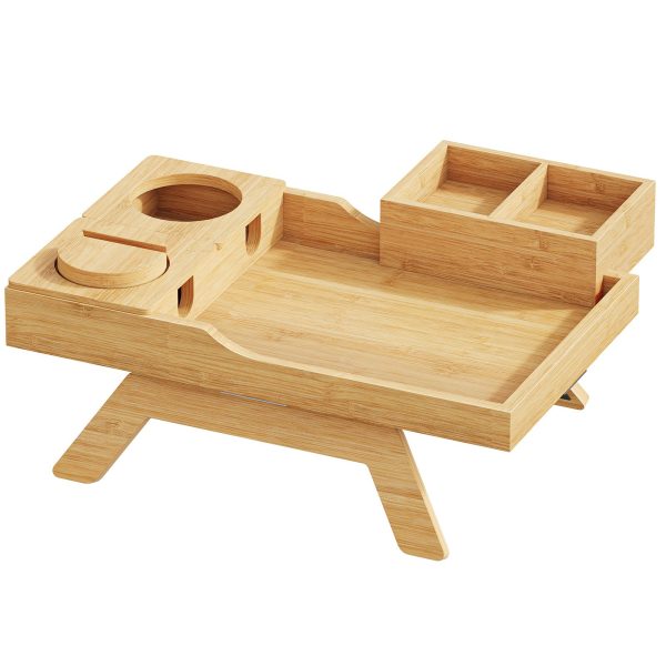 Vassoio braccio divano naturale - 6 In 1 Tavolo di bracciolo divano, Clip del braccio di divano in legno massiccio sulla tavola laterale con supporto a 360 ° ruotato e vassoio snack rimovibile, Vassoio porta per tazza di divano di bambù per bevande, Remoto